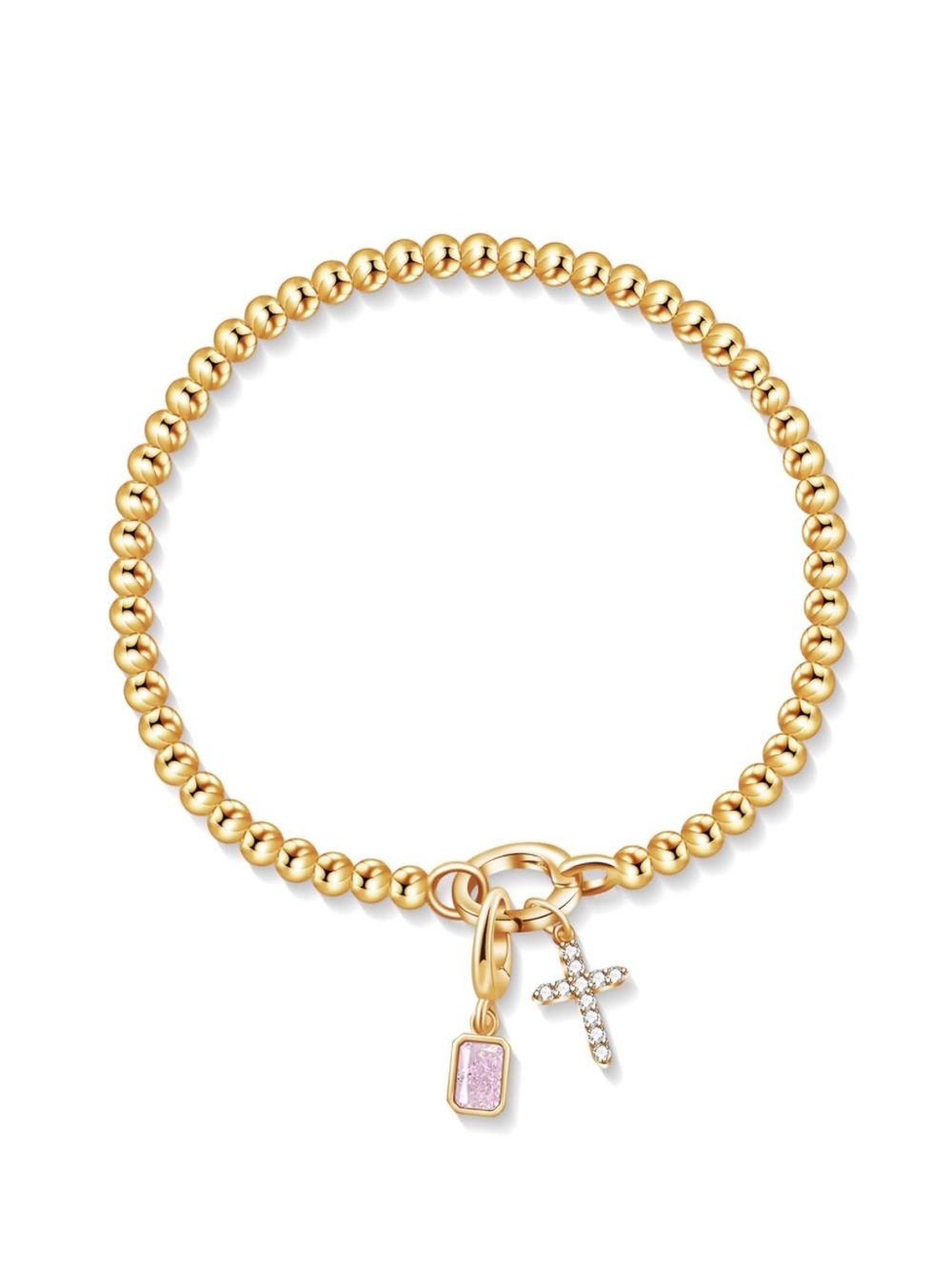 Gold Beaded Bracelet with Cross and Pink Charm NWOT